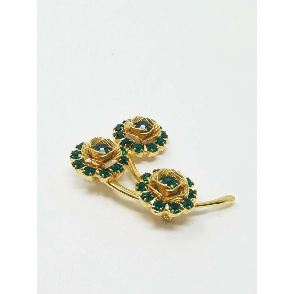 Vtg flower‎ bouquet brooch pin gold tone green rhinestone beads florentine boho